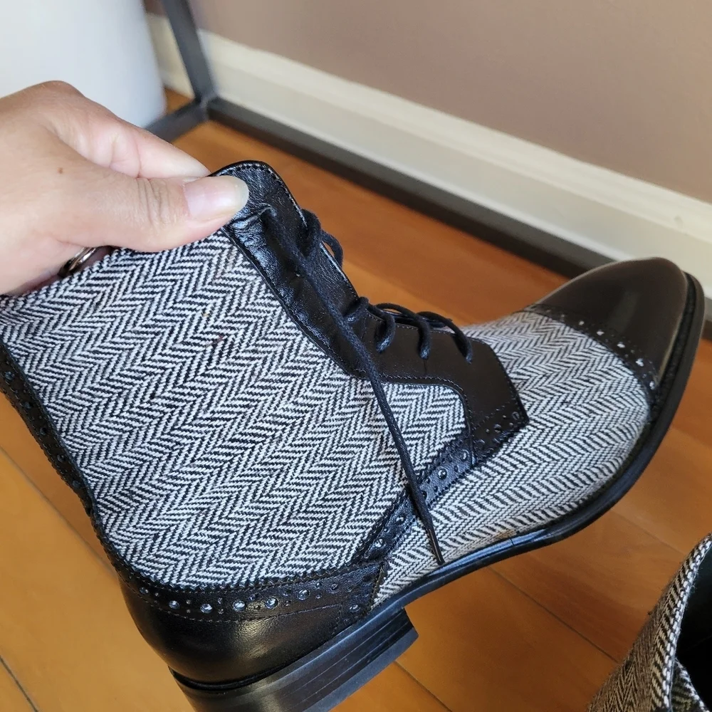Giovanni Mens Gray Black Herringbone Lace Up Tweed Ankle Oxford Boots Size 8.5